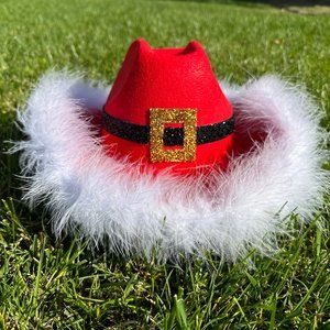Christmas Cowboy hat, Santa Hat,Red Cowboy Hat with rhinestones White Feather Bo